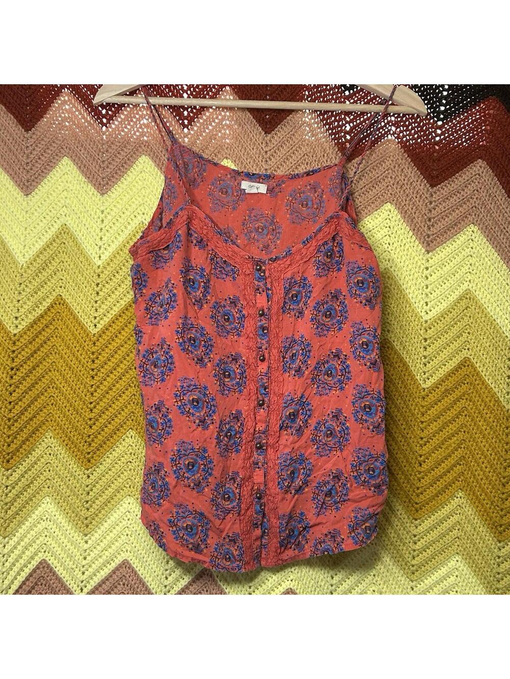 Vintage Y2K  Aerie Orange Paisley Boho Button Up Camisole Tank  Lace Trim Size L